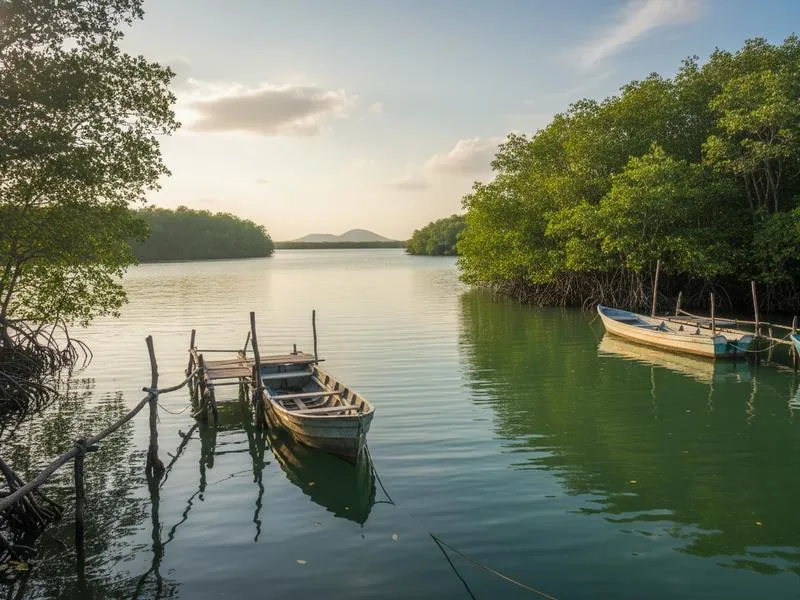 Small boats along Mecoacán Lagoon near Puerto Ceiba under heavy coastal humidity