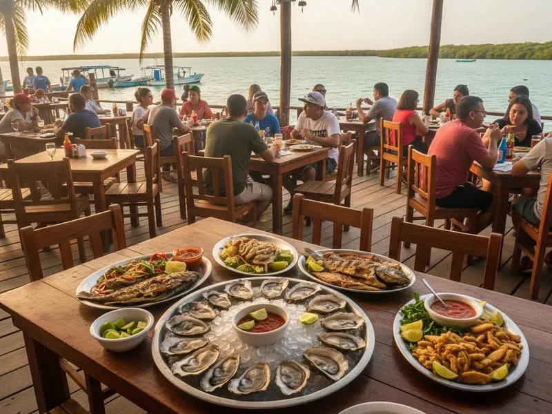 Seafood plates and oyster dishes at a casual El Bellote restaurant near Paraíso