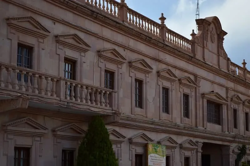 Pink stone Municipal Palace facade in Parras de la Fuente
