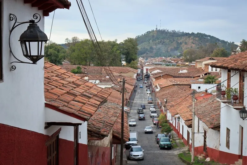 Traditional Pátzcuaro town square with colonial architecture and local market activity