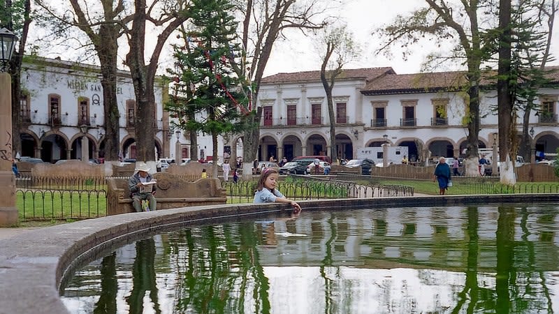 Pátzcuaro's main plaza, Plaza Vasco de Quiroga — 370 km from Mexico City, accessible by direct bus from Terminal Poniente