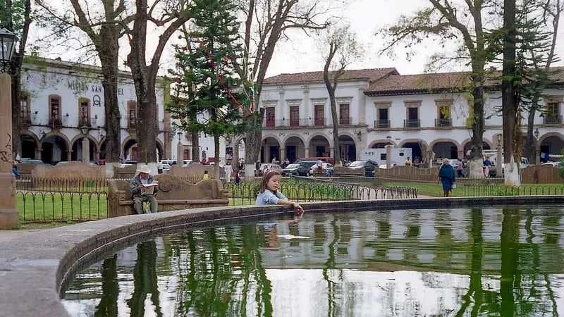 Pátzcuaro main square with colonial arcades, Michoacán Mexico