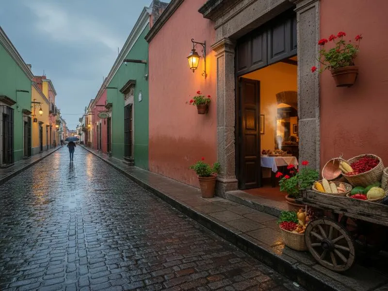 Puebla street in August with rainy season clouds and chiles en nogada restaurant signs