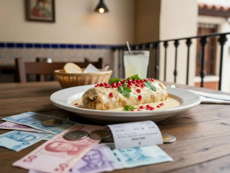 Mexican pesos beside a Puebla chiles en nogada plate with walnut sauce and pomegranate seeds