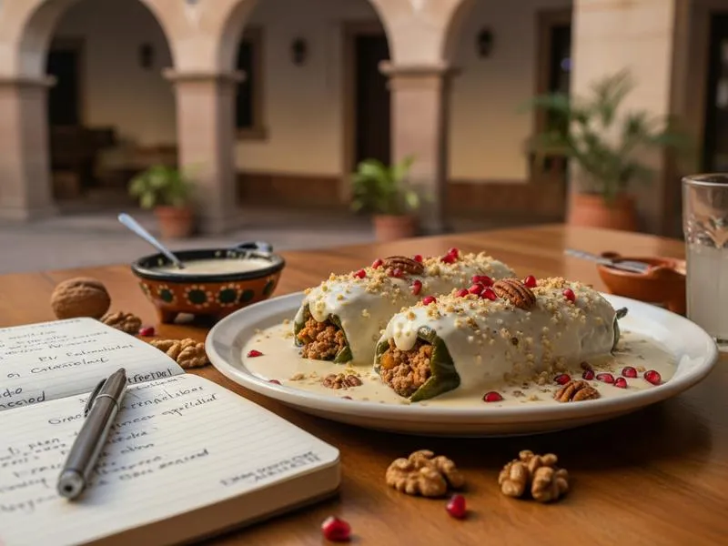 Finished chiles en nogada plate in Puebla with travel notebook and seasonal ingredients