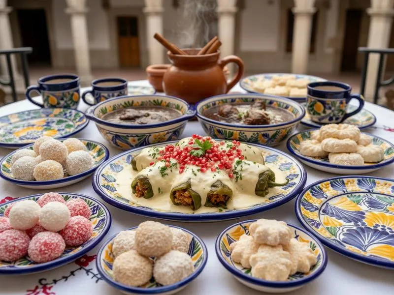 Puebla food table with chiles en nogada, mole poblano notes, sweets, and coffee