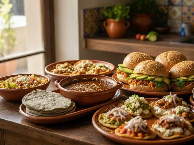 Puebla Mexico food spread with mole poblano, cemita sandwich, and Talavera pottery plates