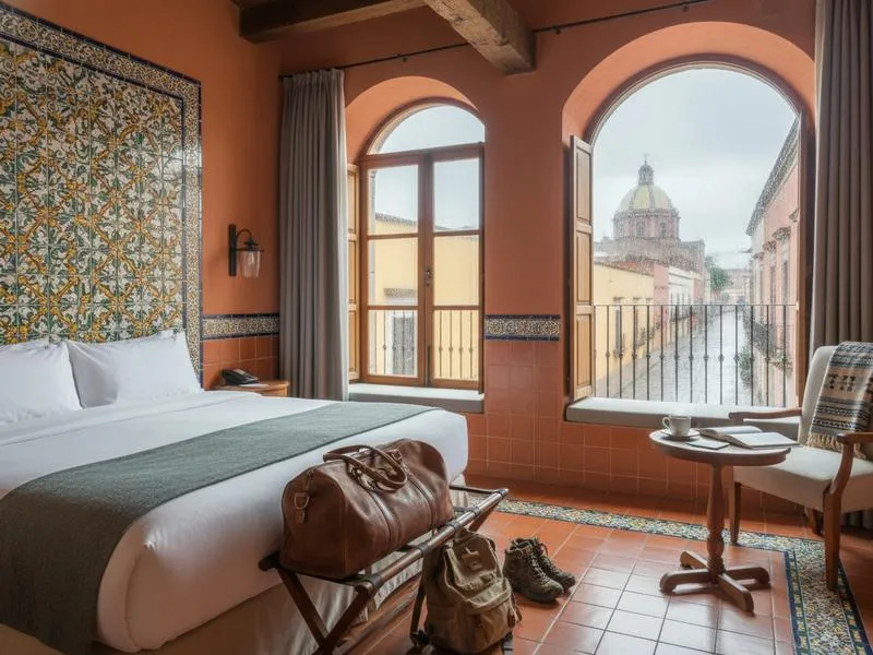 Central Puebla hotel room and Talavera tile details during chiles en nogada season