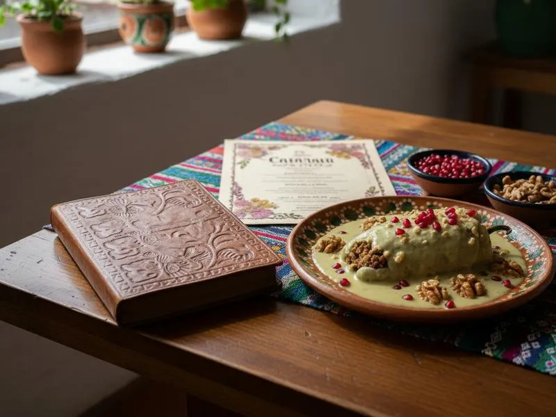 Puebla restaurant reservation notebook beside walnuts, pomegranate, and a seasonal menu