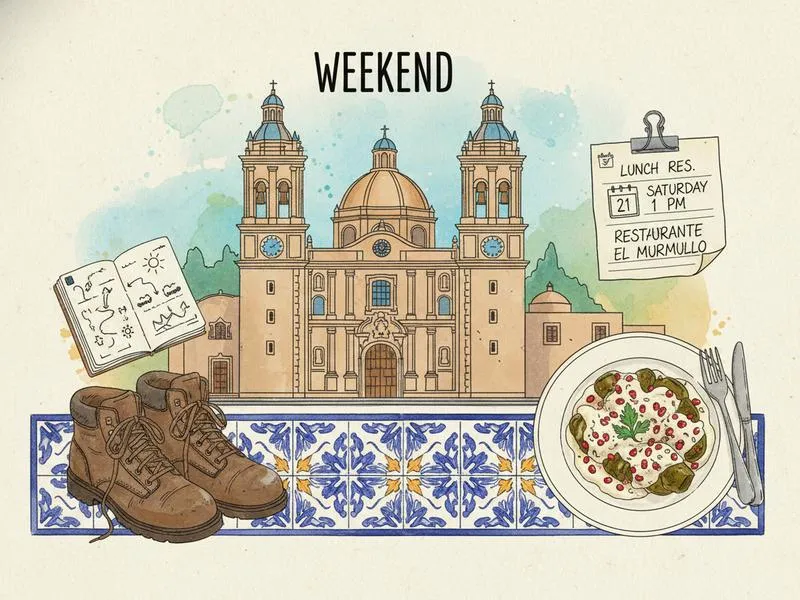 Puebla weekend map scene with cathedral, Talavera, sweets, and chiles en nogada lunch