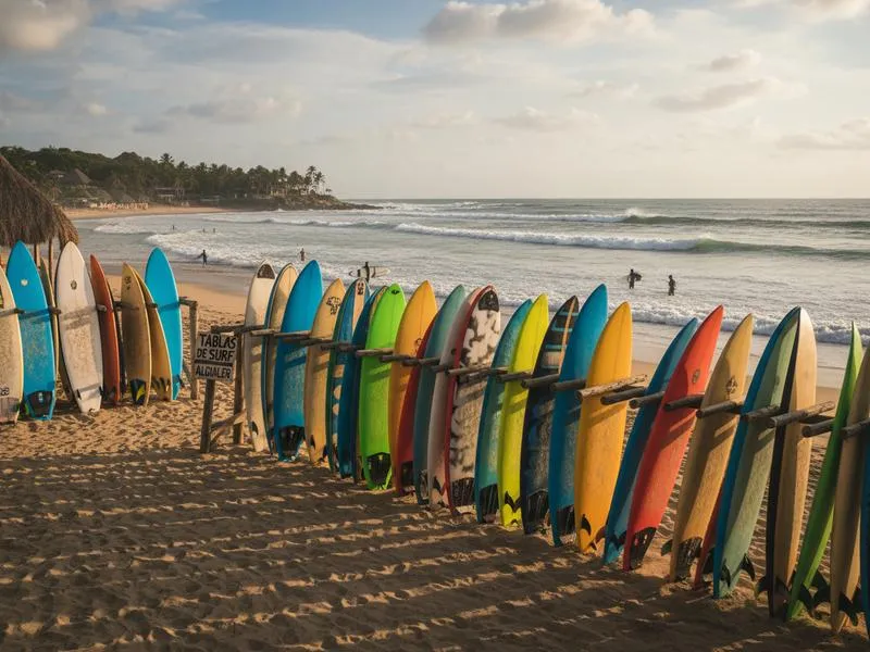 Surfboards lined up near the sand at a Puerto Escondido beach