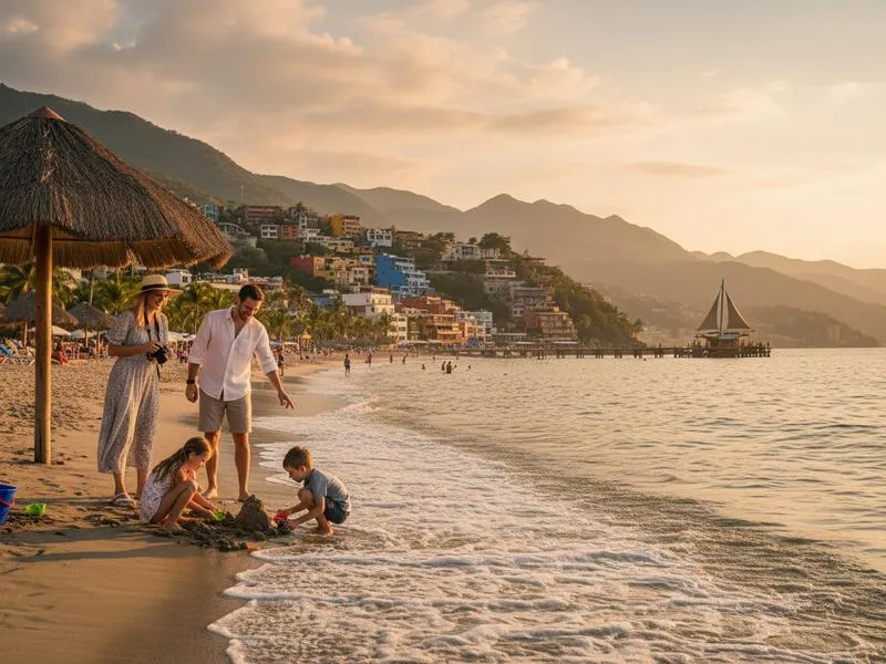 Family with children playing on a calm section of a Puerto Vallarta beach in Jalisco Mexico, adults watching children build sandcastles at the water's edge, the Sierra Madre mountains visible behind the city, bright sunny day