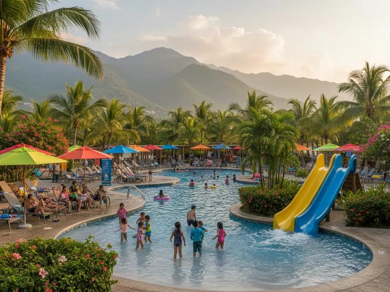 Family resort pool in Puerto Vallarta Mexico with children playing in the water, tropical landscaping, and the Sierra Madre mountains visible in the background