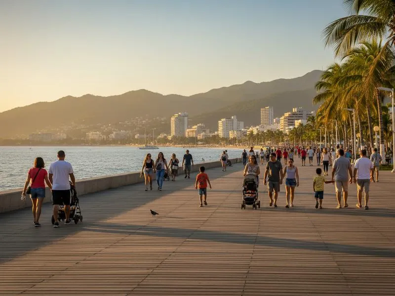 Puerto Vallarta boardwalk at sunset with families and couples walking along the oceanfront malecón