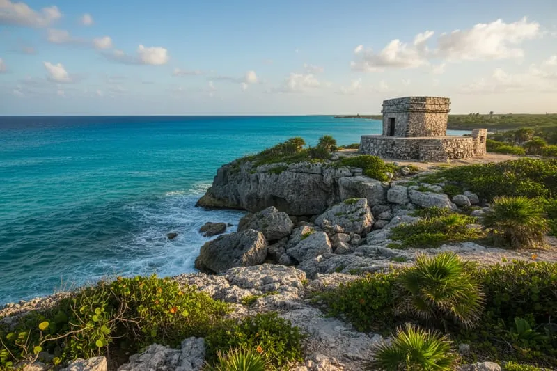 El Caracol lighthouse at Punta Sur Ecological Park in Cozumel overlooking the Caribbean sea with the lagoon visible below