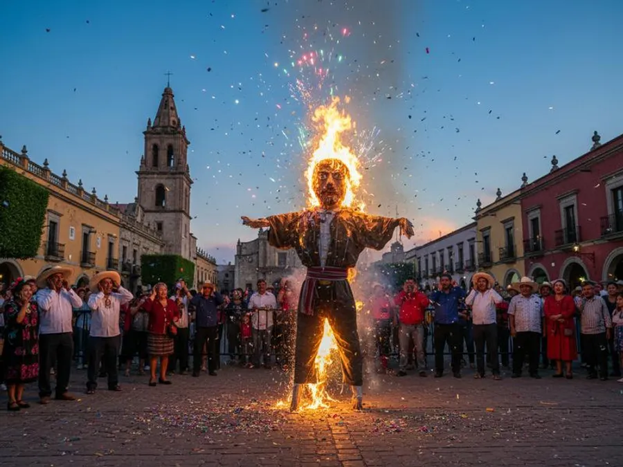 Quema de Judas ceremony with burning effigies during Semana Santa celebrations in Mexico