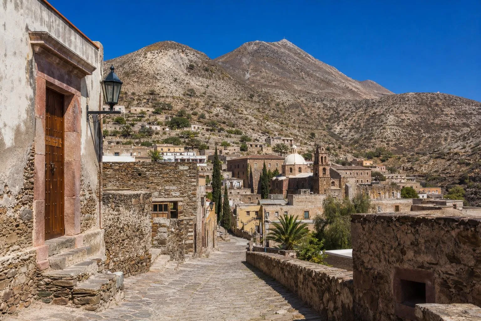 Stone street in Real de Catorce glowing in dry high-desert light