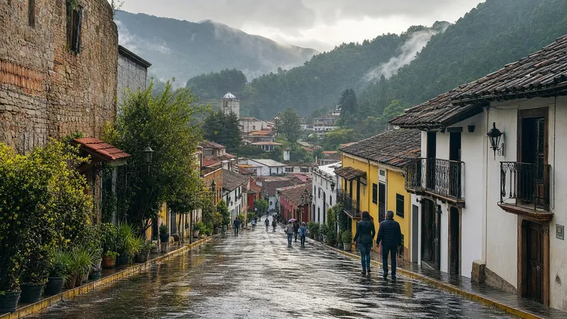 Wet cobblestone street in Real del Monte during an August rainy-season trip in Hidalgo