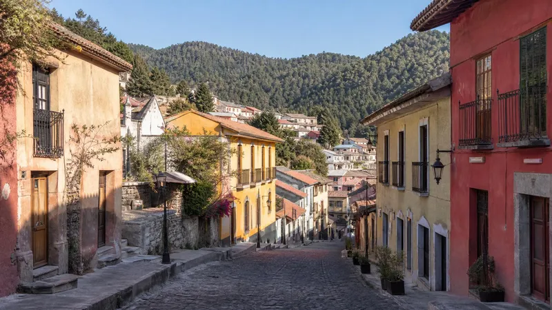 Real del Monte mountain street during a clear February trip in Hidalgo