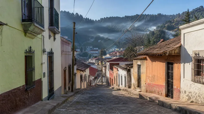 Real del Monte mountain street during a clear January trip in Hidalgo