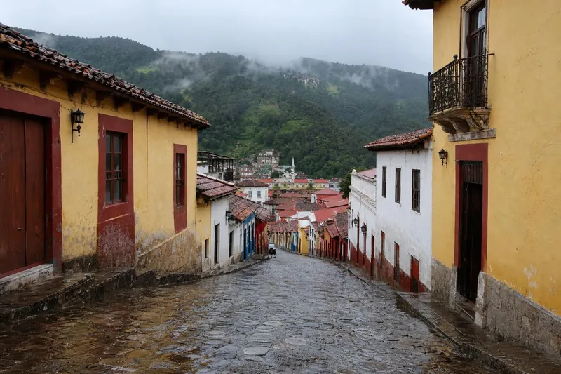 Wet cobblestone street in Real del Monte during a July rainy-season trip in Hidalgo
