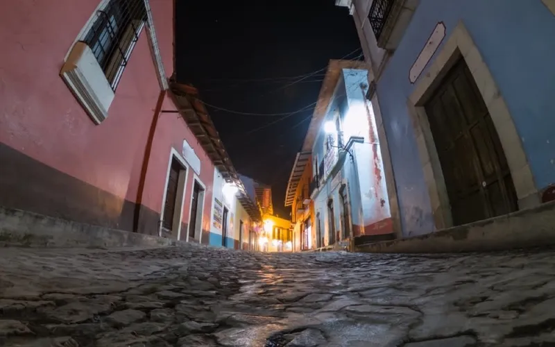 Cobblestone street in Real del Monte during a cool June night in Hidalgo