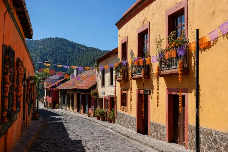 Real del Monte mountain street during a clear November trip in Hidalgo