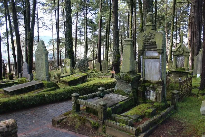 Angled headstones in the English Cemetery on the edge of town