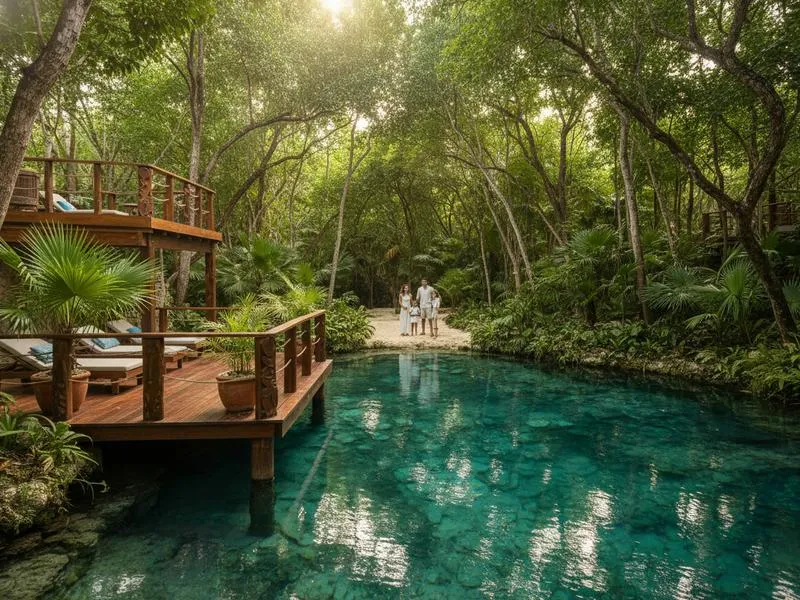 Luxury family resort in Riviera Maya Mexico with access to a natural cenote on the property, surrounded by jungle vegetation and clear blue water