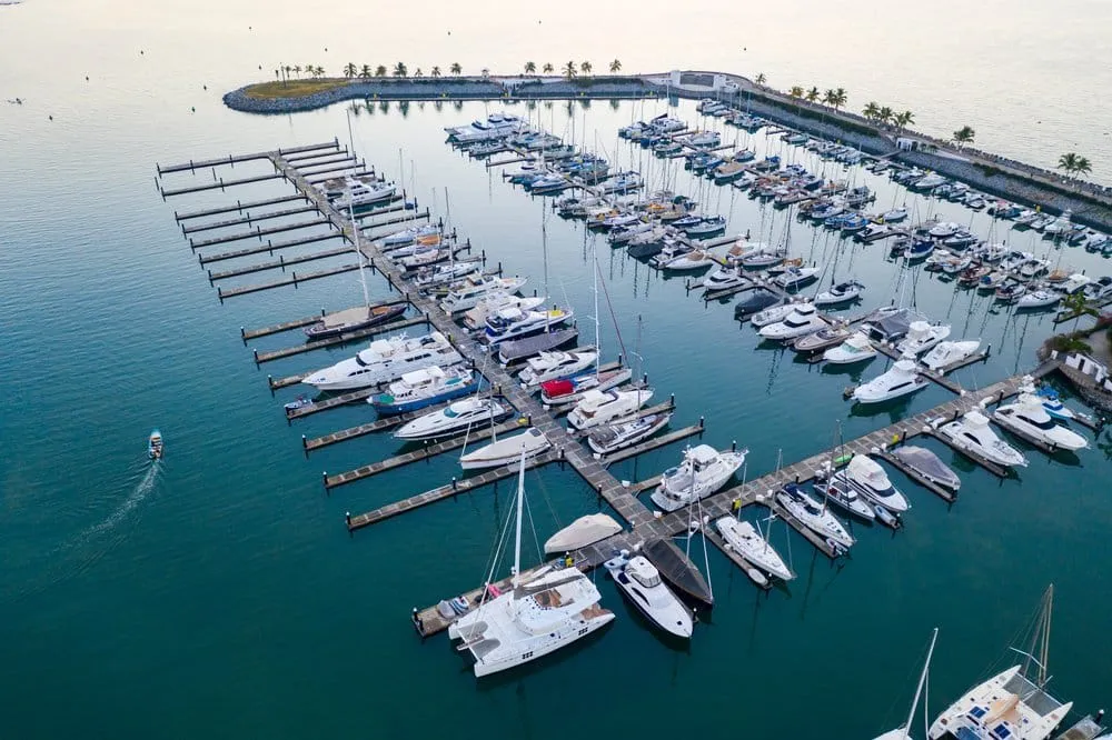 La Cruz de Huanacaxtle coast with marina boats and Banderas Bay water