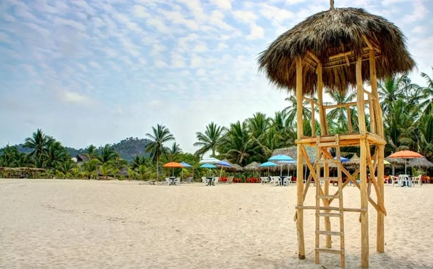 San Pancho beach umbrellas and surf along the Nayarit coast
