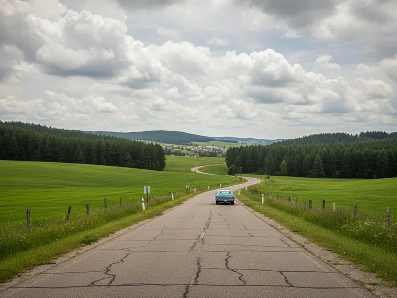 Rural road through Tlaxcala highlands with forested hills and cloudy skies