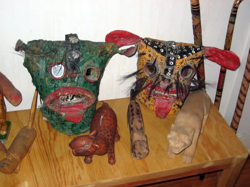 Ruth Lechuga mask collection with colorful ceremonial masks on display