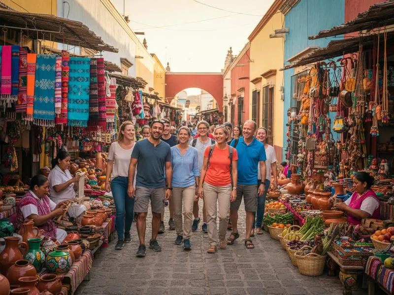 Happy tourists exploring a safe Mexican town market with colorful textiles and local artisans