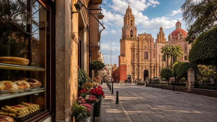 February street scene in Salamanca, Guanajuato with dry Bajio light, a baroque church facade, and seasonal food stands