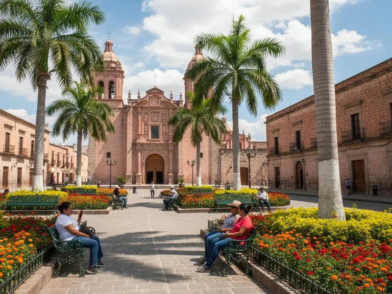 Shaded plaza benches in Saltillo historic center before afternoon heat