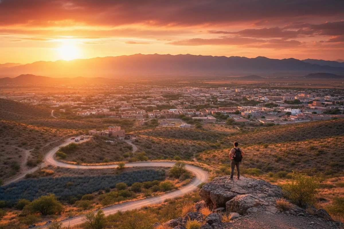 Saltillo rooftops and desert hills after a late-summer rain shower