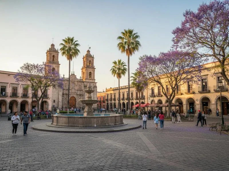 Saltillo city center with plazas, stone facades, and church towers