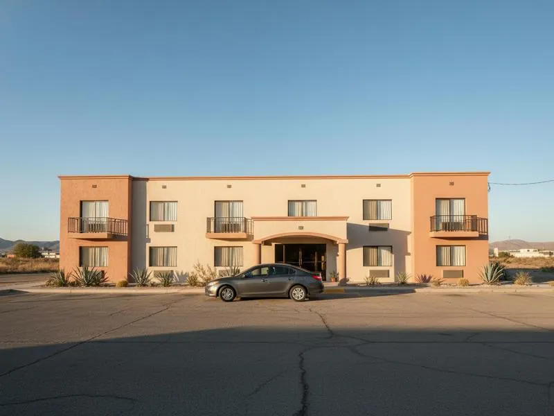 Saltillo hotel building with courtyard paths and shaded entrances