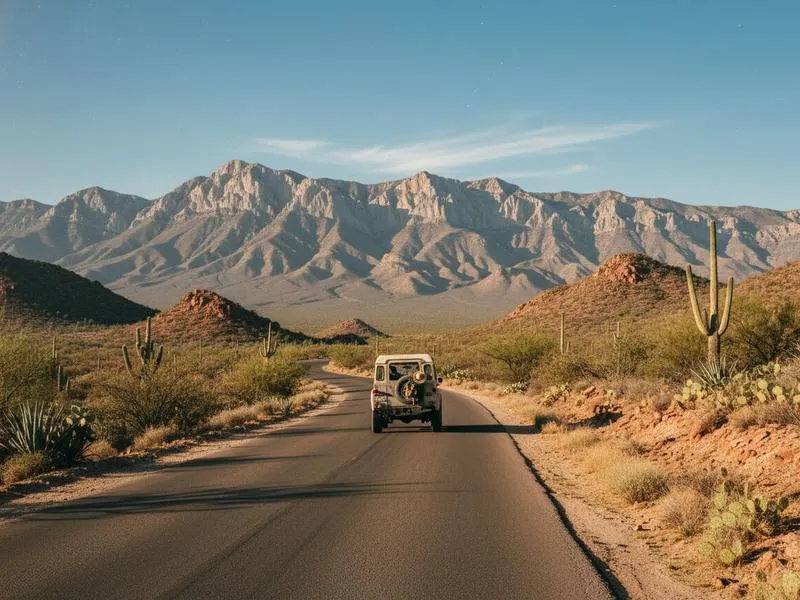 Sunny Saltillo street with highland mountains beyond the rooftops