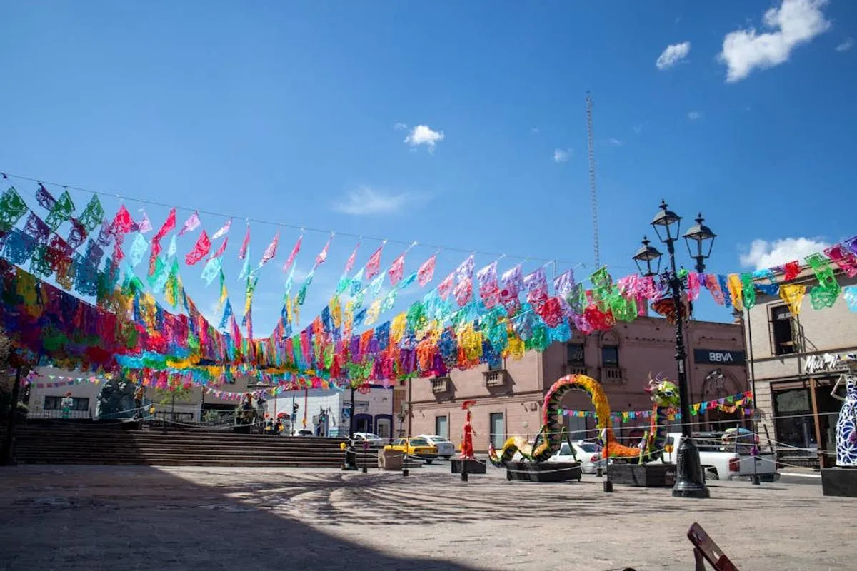 Saltillo cathedral and plaza under clear October highland skies