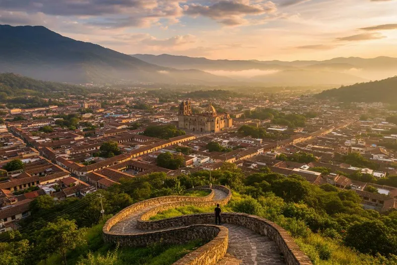 July clouds over San Cristóbal de las Casas rooftops and church towers in the Chiapas highlands