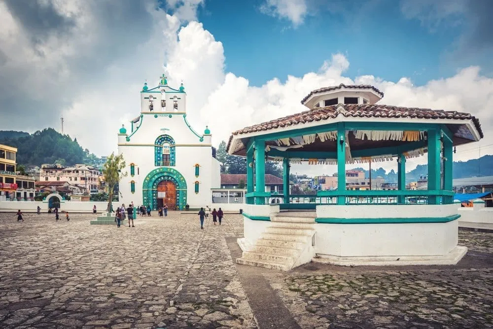 Whitewashed San Juan Chamula church in the Chiapas highlands