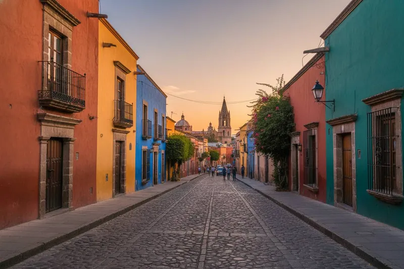 Cobblestone street lined with colorful buildings and a church tower in the distance at sunset