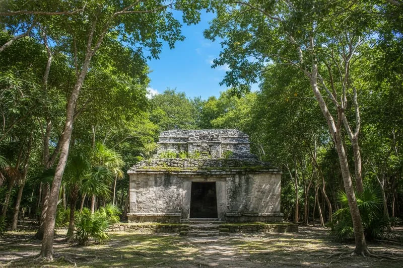 San Gervasio Maya ruins stone arch and temple structures surrounded by jungle vegetation in Cozumel Mexico