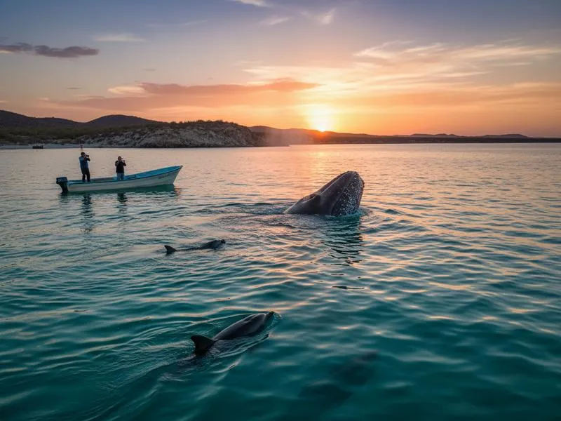 Gray whale approaching a panga boat in Laguna San Ignacio with tourists reaching out to touch its rostrum