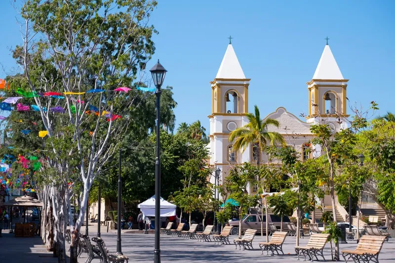 San José del Cabo art district with colonial architecture, cobblestone streets and colorful gallery facades in the historic downtown