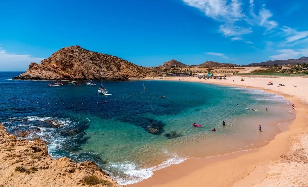 Turquoise water and rocky cove at Santa Maria Bay in Los Cabos