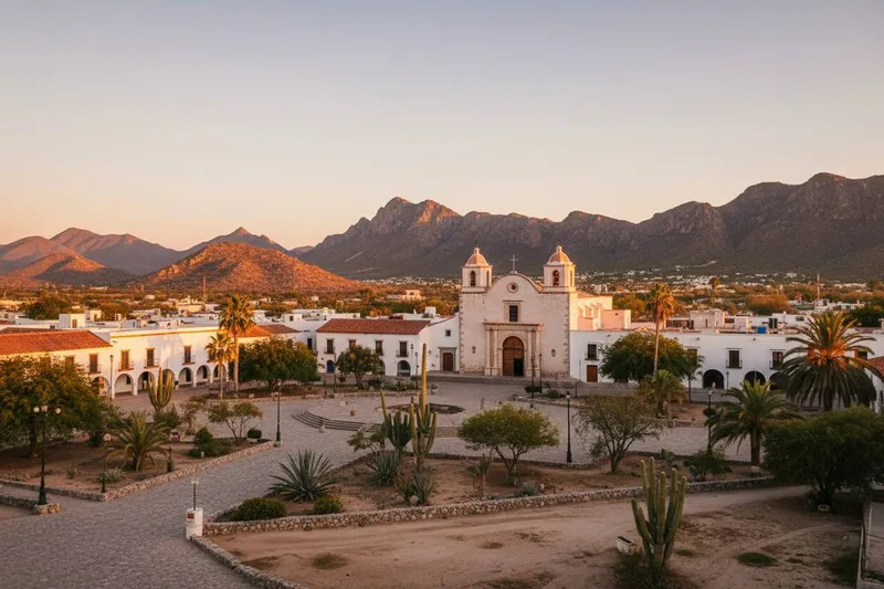 San Jose del Cabo plaza and church during clear April weather