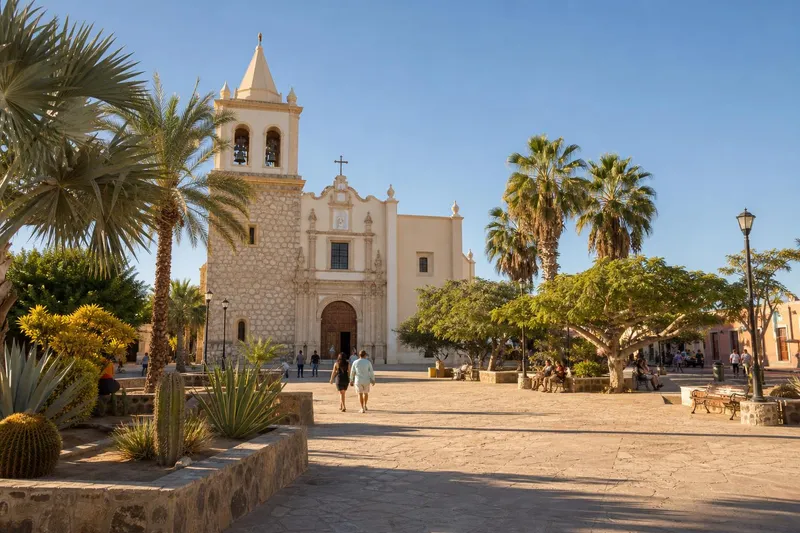 San Jose del Cabo plaza and mission during clear December weather